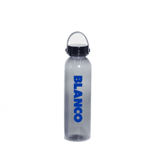 A drink bottle made of clear RPET, featuring a black lid and a prominent blue logo.