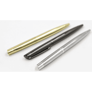 A collection of three metal ball pens in gold, black, and silver, featuring a sleek design and branding.
