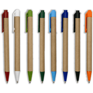 A collection of eight paper pens in various colours: red, white, green, blue, dark blue, black, orange, and green.