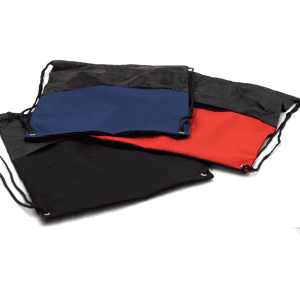 A collection of three drawstring bags in black, red, and blue, featuring adjustable cords and a logo.