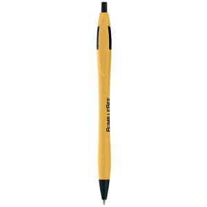 A metallic curved pen in yellow and black, featuring a sleek design and a branding logo.