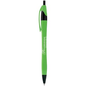 A green metallic pen with a black grip and clip, featuring a branding logo.