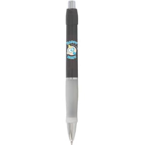 A grey pen with a white grip featuring a logo. It has a click mechanism and a metal clip.