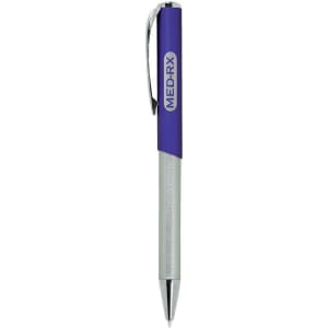 A slim metallic pen with a purple grip and silver barrel, featuring a clip and branding.