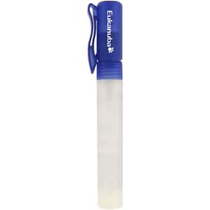 A clear 10ml sanitiser spray bottle with a blue cap and clip, featuring a logo.