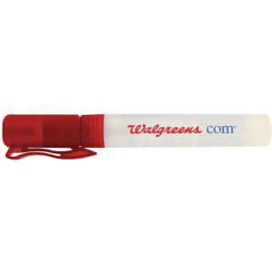 A transparent 10ml sanitiser spray with a red cap and clip, featuring branding on its side.