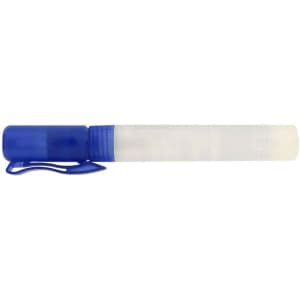 A clear 10ml sanitiser spray bottle with a blue lid and clip. It features a simple design and contains clear liquid.
