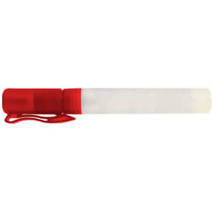 A 10ml sanitiser spray bottle with a clear casing and a red cap and clip. Suitable for carrying and dispensing sanitiser.