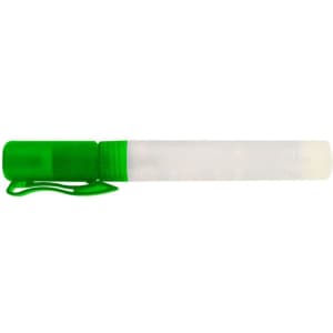 A 10ml sanitiser spray with a transparent body and a green cap and clip. The spray has a simple design and logo.
