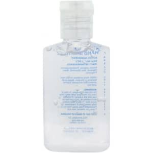 A clear 30ml hand sanitiser gel bottle containing 75% ethyl alcohol, with a flip-top cap and a logo.