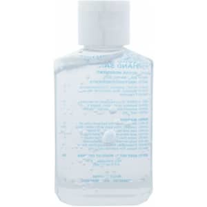 A clear 60ml hand sanitiser gel bottle containing 75% ethyl-alcohol, featuring a white flip-top lid and a logo.