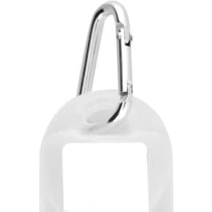 A clear 30mL hand sanitiser bottle with a silver carabiner clip attached.