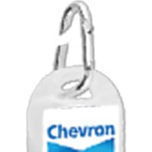 A clear 30mL hand sanitiser bottle with a silver carabiner and a logo.