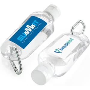 A clear 60mL hand sanitiser bottle with carabiner, featuring two different logos on the sides.