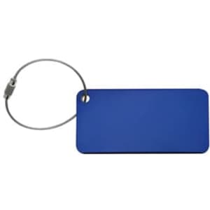 A blue luggage tag with a metal loop for attachment. It has a plain surface and no visible text or design.