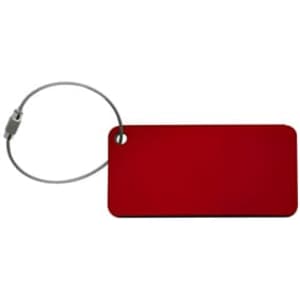 A red luggage tag with a metal loop for attachment, featuring a smooth surface and rectangular shape.