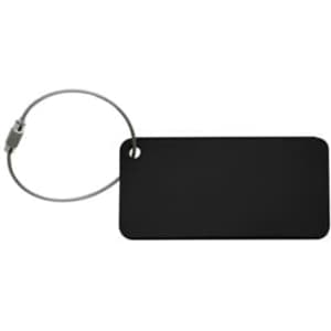 A black luggage tag with a metallic loop attachment and rounded edges. It has a minimalist design.