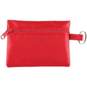 A red pouch with a zip closure and a keyring attachment, designed for a first aid travel kit.