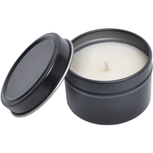 A black tin container with a lid, featuring a vanilla scented candle inside. The candle is white in colour.