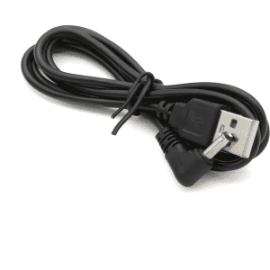 A black USB cable with a standard USB connector and a right-angle connector. It is coiled neatly.