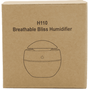 A light brown box with a simplistic illustration of a round diffuser and a logo, labelled "Breathable Bliss Humidifier."