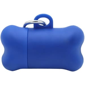 A blue dog waste bag dispenser in a bone shape with a metal clip attachment. It features a simple design.