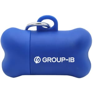 A blue bone-shaped dog waste bag dispenser with a keyring attachment and a logo.