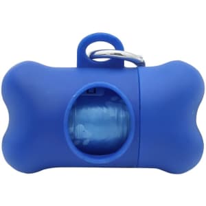 A blue bone-shaped dog waste bag dispenser with a visible compartment for bags and a metal clip.