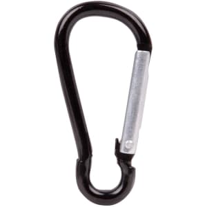A black carabiner clip with a silver clasp, suitable for attaching items securely.