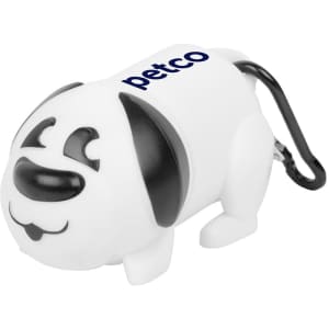 A white dog-shaped waste bag dispenser with black accents and a clip for attachment, featuring a logo.