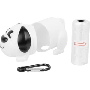 A white dog-shaped waste bag dispenser with a carabiner and a roll of waste bags.