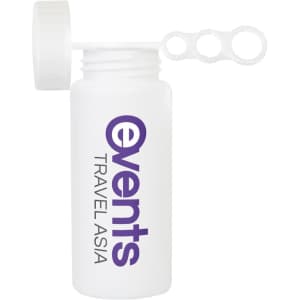 A white drink bottle with a white cap and bubble wand, featuring a logo in purple.