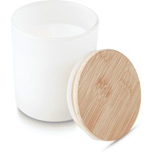 A medium white candle in a glass jar with a bamboo lid. The candle is unlit and has a simple, elegant design.