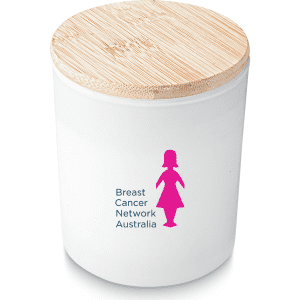 A medium white candle with a bamboo lid and a logo on the front.