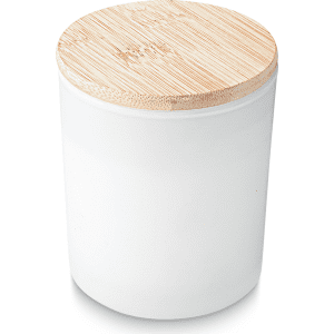 A medium white candle in a glass container with a bamboo lid.