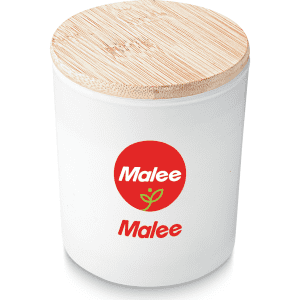 A white candle container with a bamboo lid and a logo featuring a green plant design.