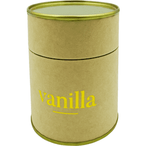 A small, cylindrical candle in a kraft paper container with a green lid, labelled "vanilla".