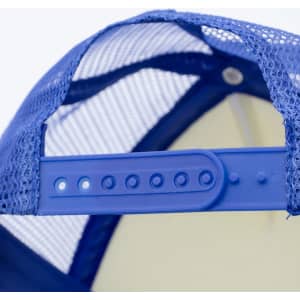 A blue trucker cap featuring a mesh back and an adjustable plastic strap for sizing. The cap has a logo.
