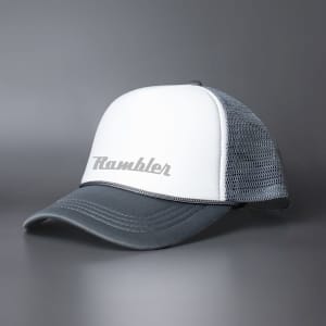 A grey and white trucker cap featuring a mesh back and a logo on the front.