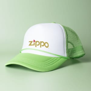 A green and white trucker cap featuring a mesh back and a logo on the front.