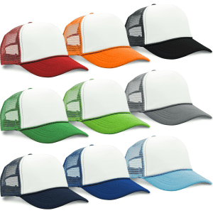 A variety of Trucker Roadhouse Caps in red, orange, black, green, grey, navy, blue, and light blue, featuring mesh sides and a logo.