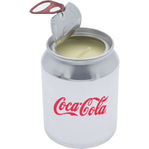 A silver can-shaped candle with a removable lid, featuring a red logo design.