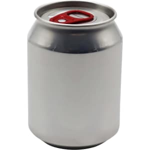 A silver can-shaped candle with a red pull tab at the top and a smooth surface. It has a simple design and a logo.