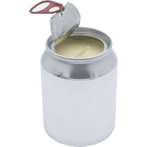 A silver can-shaped candle with a red pull tab, featuring a light yellow wax interior.
