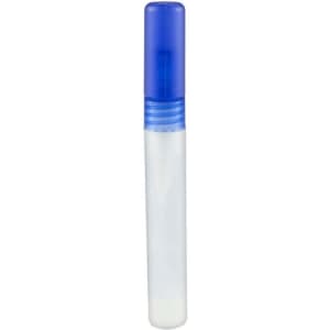 A 10ml sanitiser spray bottle with a transparent body and a blue spray cap. It features a branding logo.