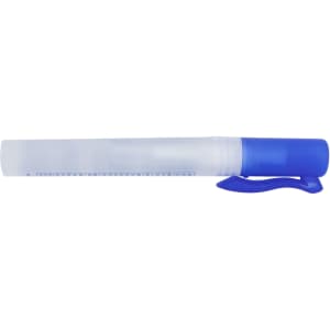 A 10ml sanitiser spray in a transparent container with a blue cap and clip. Features a logo on the front.