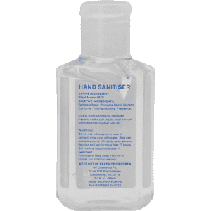 A clear 60ml hand sanitiser gel bottle, containing 75% ethyl-alcohol, with a logo on the front.