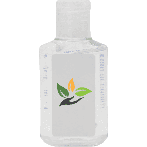 A clear 60ml hand sanitiser gel bottle with a leaf logo, featuring a lemon scent.
