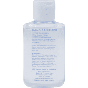 A clear, 60ml bottle of hand sanitiser gel containing 75% ethyl alcohol, with a simple label and a logo.