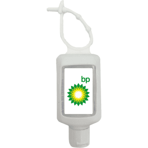 A 60ml hand sanitiser gel in a white silicone soft travel sleeve, with a brand logo on the front.
